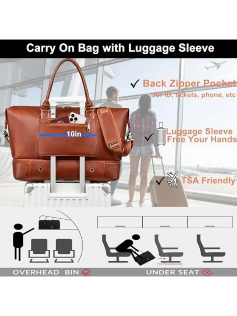 Large Faux Leather Weekender Duffel Bag with Shoes Compartment & Waterproof